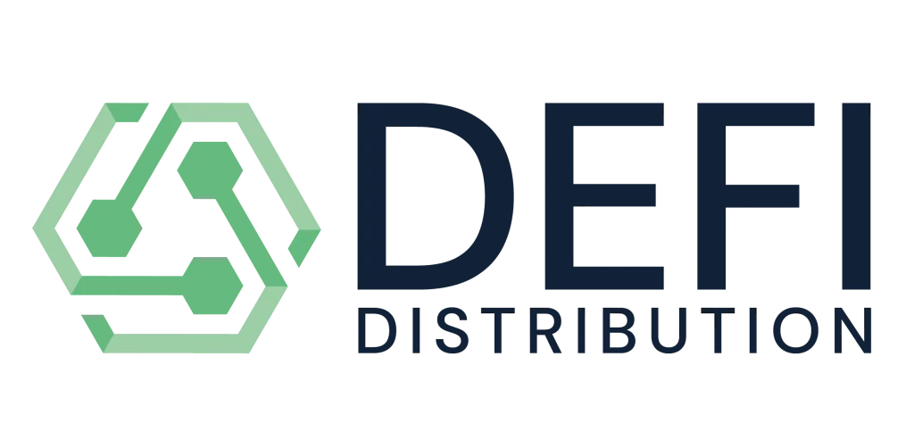 Logo for DEFI Distribution featuring a green hexagonal circuit design on the left and the words “DEFI DISTRIBUTION” in bold, dark blue letters on the right.