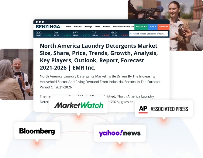 A webpage showing a headline about the North America laundry detergents market, amplified by logos of MarketWatch, Associated Press, Bloomberg, and Yahoo! News below to highlight extensive content distribution and credible sources.