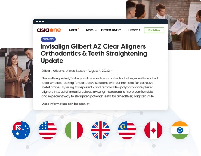 A news article titled Invisalign Gilbert AZ Clear Aligners Orthodontics & Teeth Straightening Update is displayed on a website, exemplifying amplified content distribution, with people smiling and conversing in the background and several country flags below.