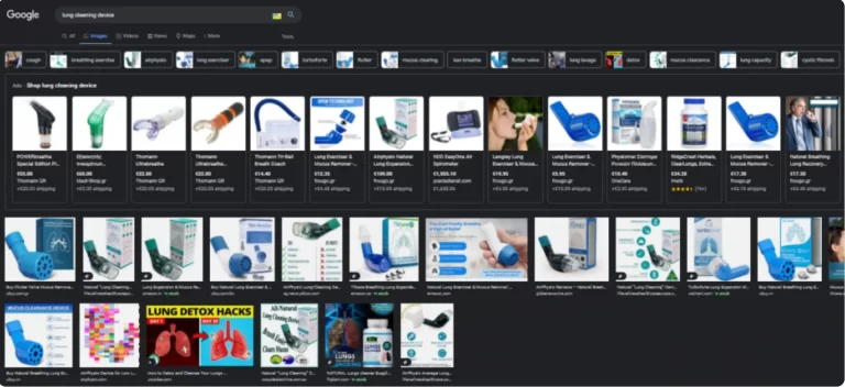 A Google image search results page for lung cleaning device showing various devices, packaging, advertisements, and illustrations from Medical Ecomm platforms and online medical stores focused on respiratory health and lung-clearing tools.