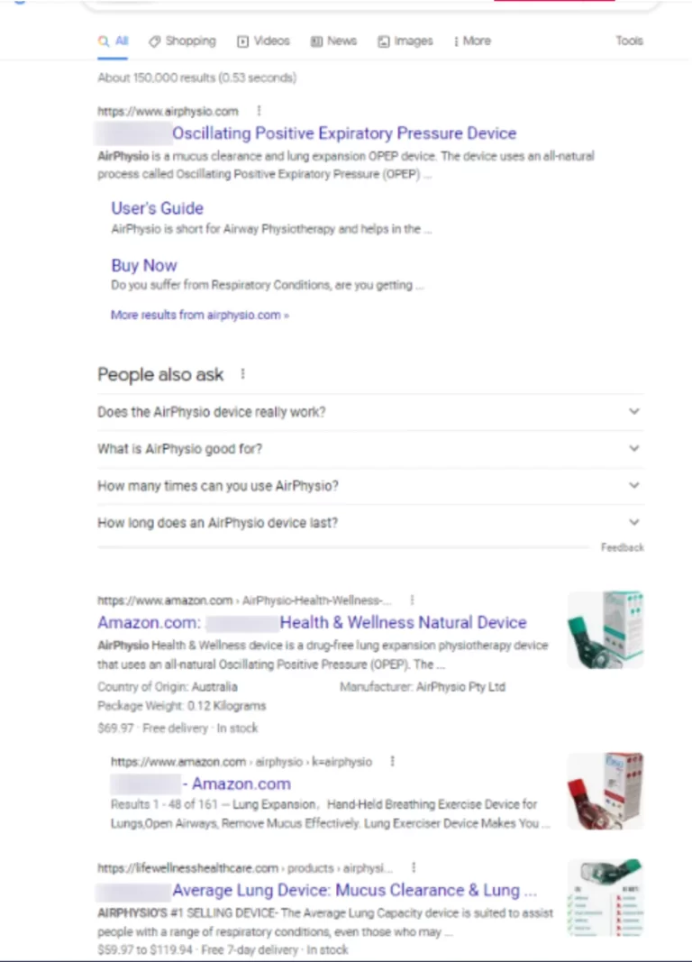 A screenshot of Google search results for AirPhysio highlights web links, a People Also Ask section, and an Amazon medical ecommerce listing for the AirPhysio device at the top of the page.