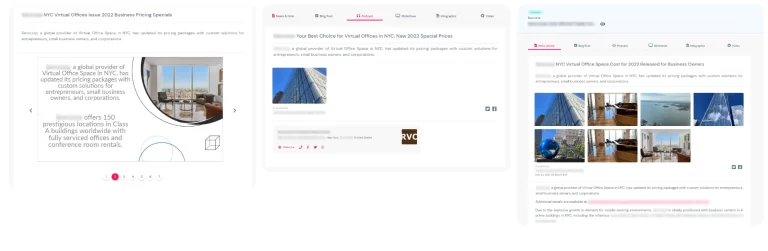 Three screenshots of a website showcase details about commercial spaces and virtual office services, including pricing, building images with city views, service descriptions, review sections, and navigation tabs for plans, reviews, and FAQs.