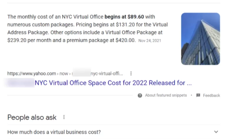 A screenshot shows search results for NYC virtual office costs, listing prices from $89.60 to $420 per month. On the right, a glass skyscraper highlights the premium commercial spaces available in the city.