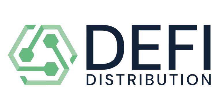 Logo featuring a green hexagon with circuit-like lines and dots on the left, next to the words DEFI DISTRIBUTION in bold, dark blue letters on a white background—perfectly representing DeFi Distribution and the world of decentralized finance.
