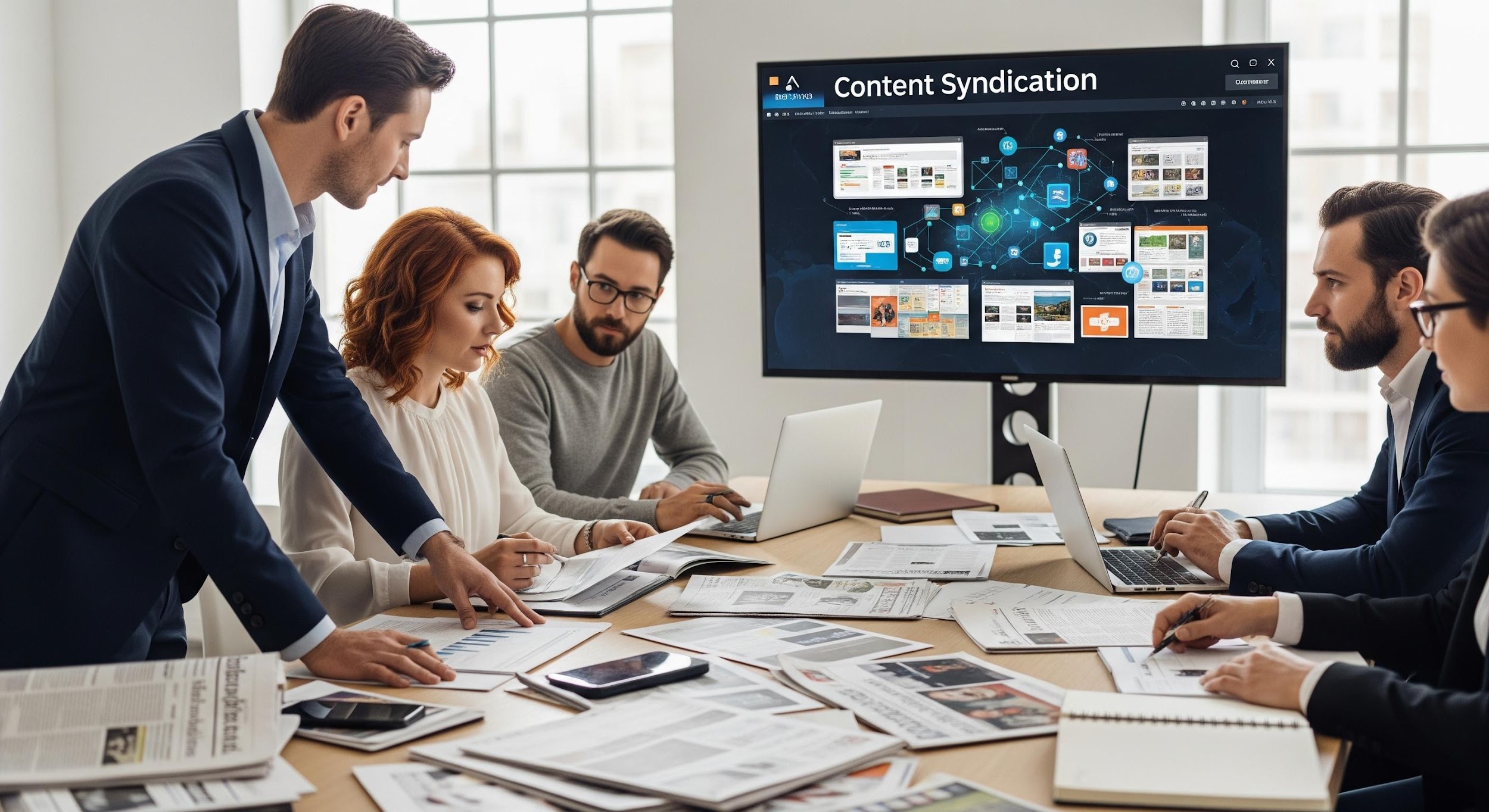 Five professionals collaborate around a conference table covered with papers and devices, discussing effective content syndication displayed on a large screen in a modern office setting.