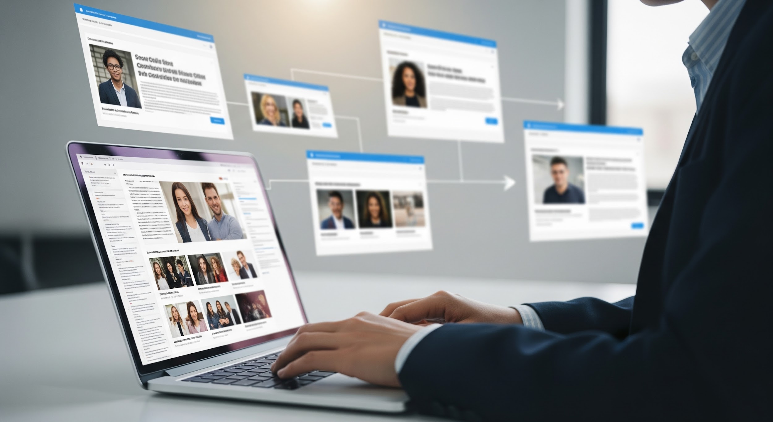 A person uses a laptop displaying various profile photos, articles, and information, with floating digital windows showing additional profiles and content, suggesting online networking or research.