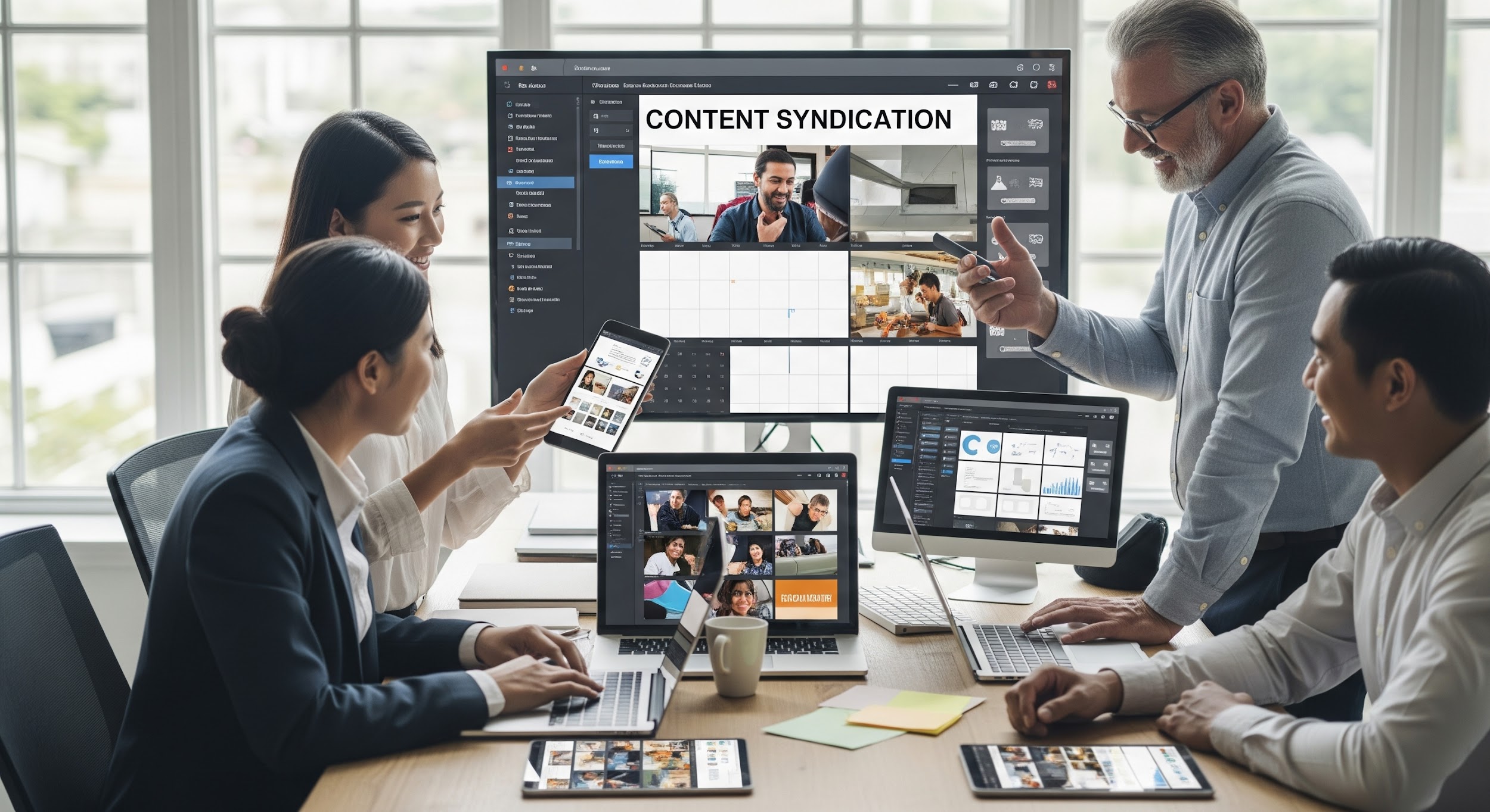 A group of professionals collaborate at a conference table with laptops and tablets, discussing a Content Syndication project displayed on a large screen in a bright office.