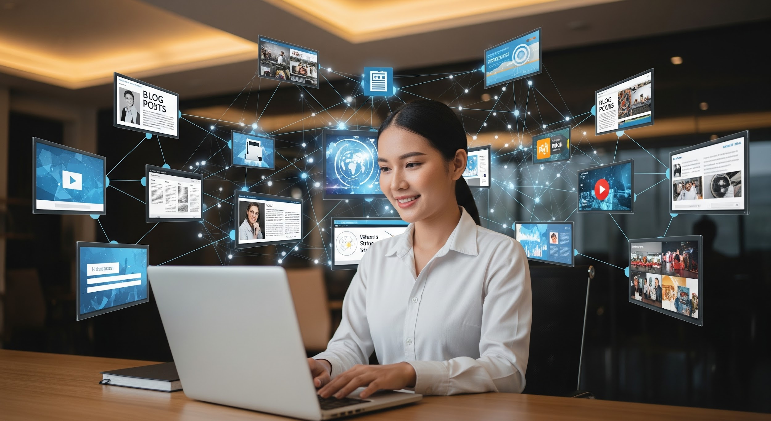 A woman in a white blouse works on a laptop at a desk, surrounded by floating digital screens displaying blog posts, videos, images, charts, and web content, representing multitasking online.
