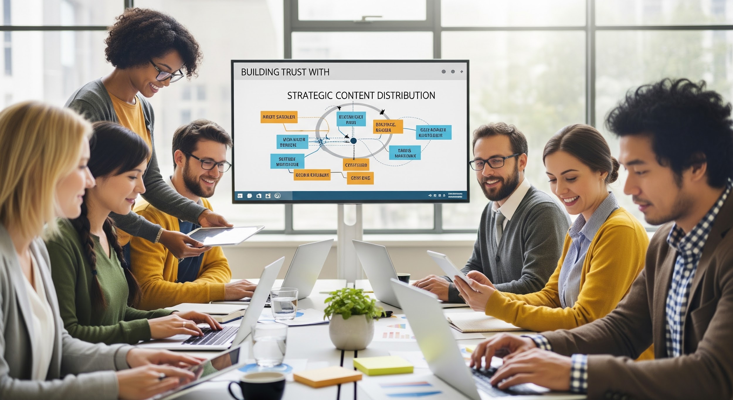 A diverse group of people collaborate in an office, using laptops and tablets. A large screen displays a diagram titled Strategic Content Distribution. The atmosphere is bright and professional.