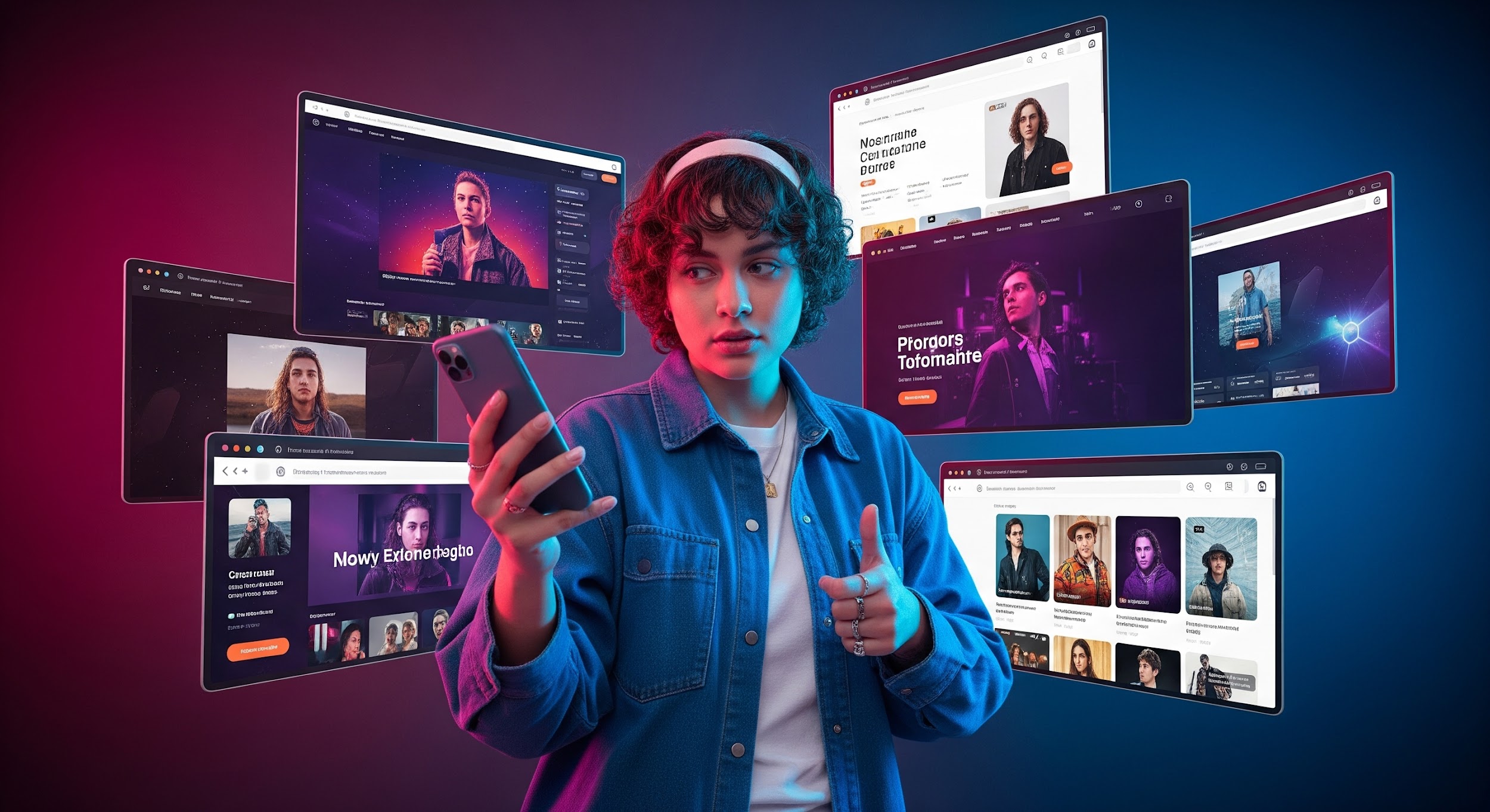 A young person in a denim jacket uses a smartphone, surrounded by multiple floating web browser windows displaying various online profiles and media content, against a vibrant, colorful background.