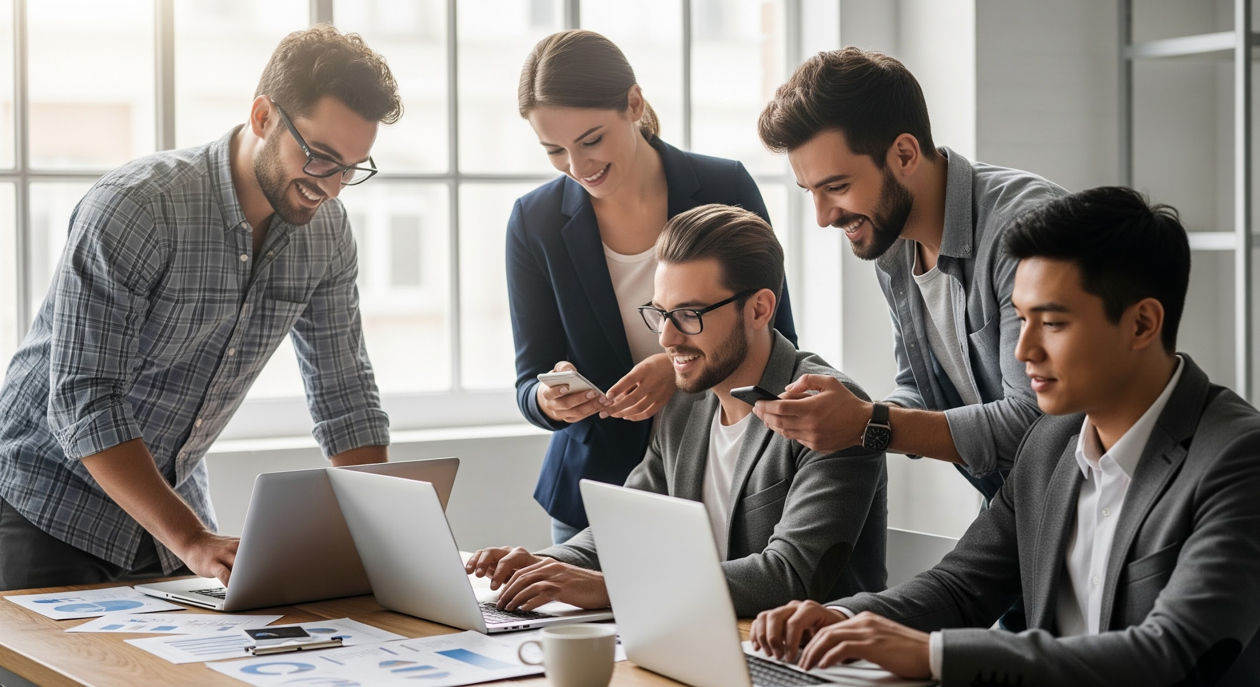 A group of five young professionals, three men and two women, collaborate enthusiastically around a table with laptops and documents in a bright modern office. They are smiling and appear engaged in their work.
