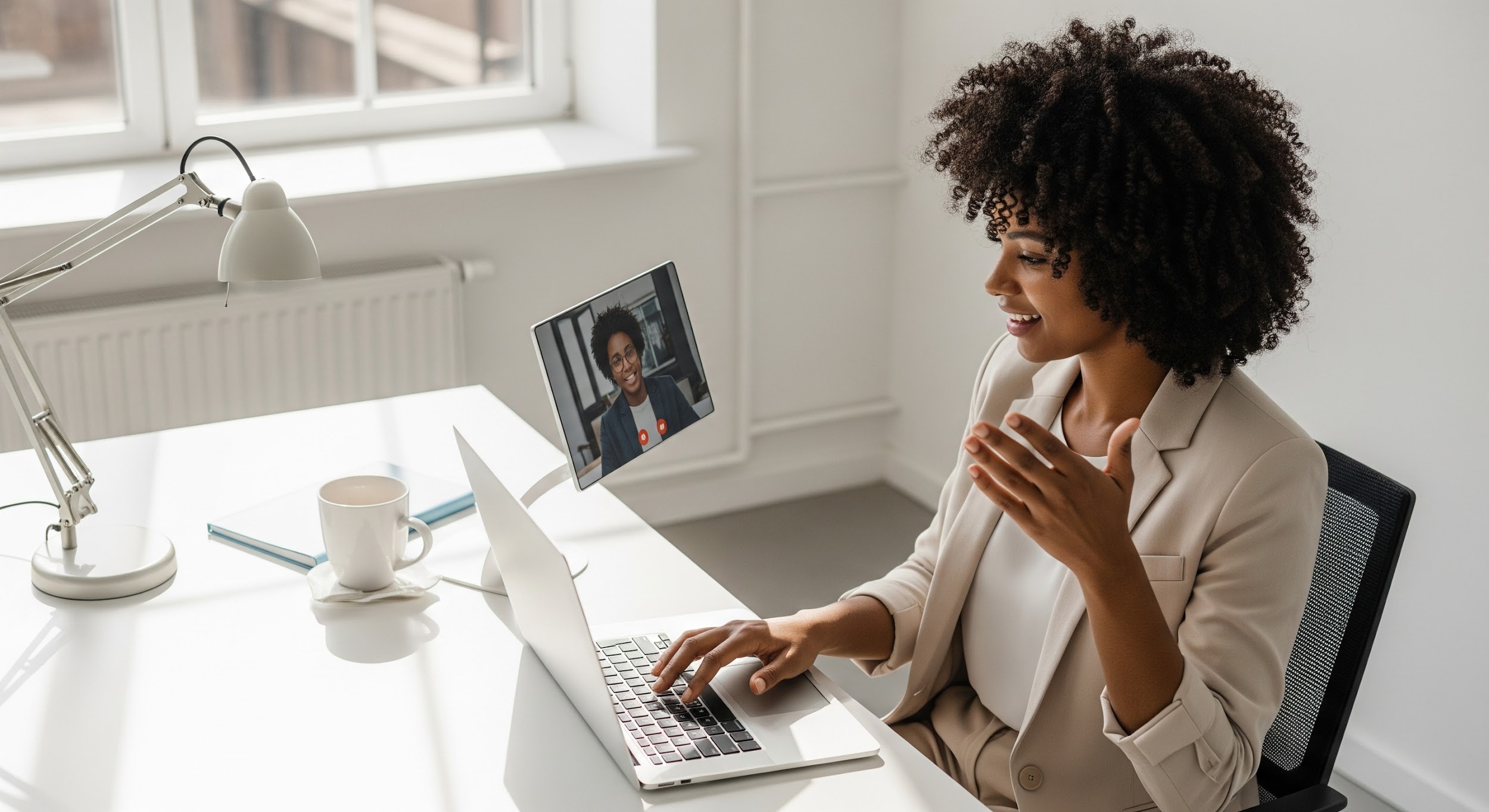 A woman in a beige blazer sits at a white desk using a laptop, engaged in a video call with a person displayed on her laptop screen. A cup, lamp, and notebook are on the desk by a bright window.