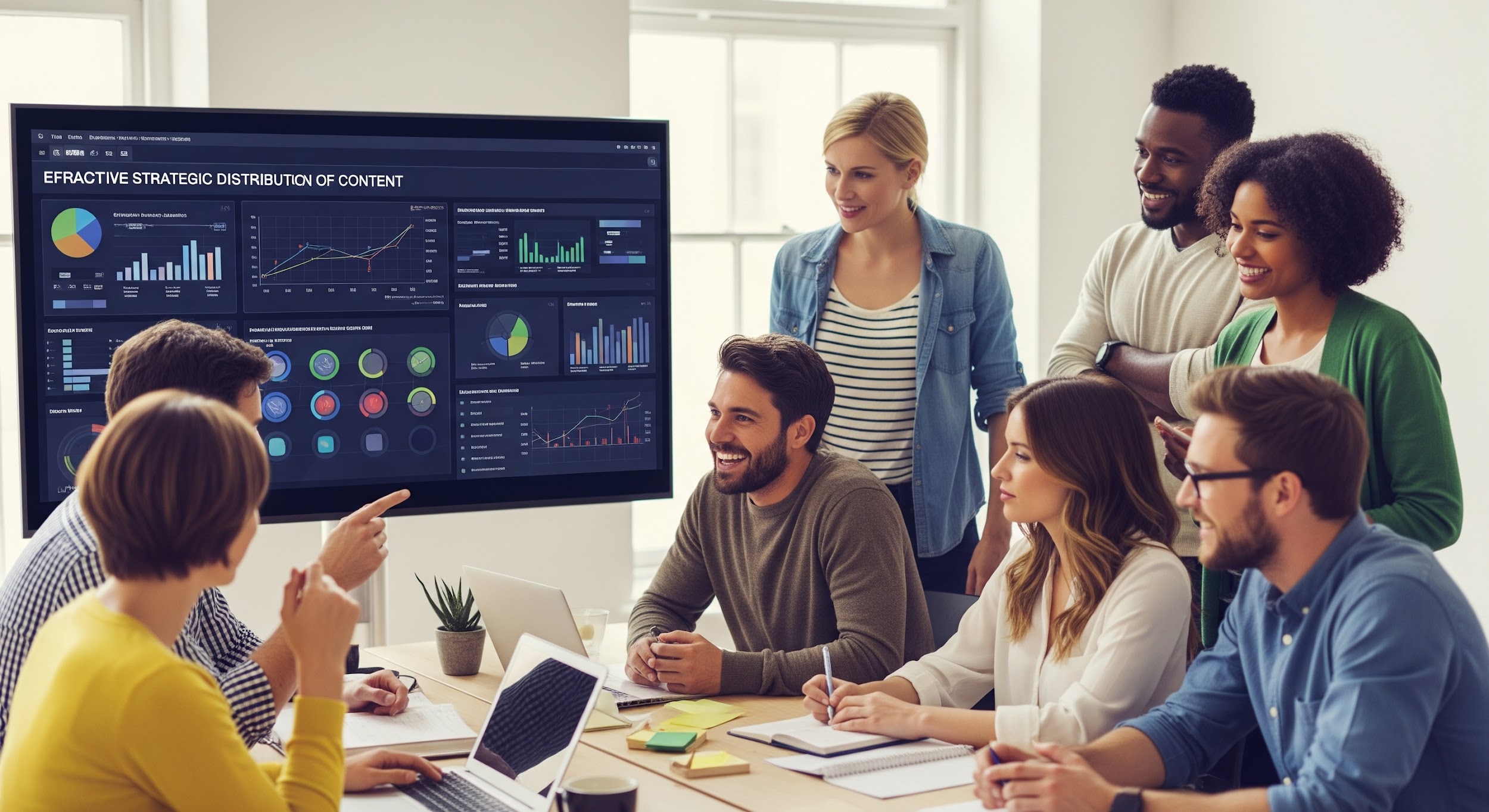 A diverse group of eight people sits and stands around a table, smiling and discussing while viewing colorful graphs and charts on a large screen in a modern office setting.