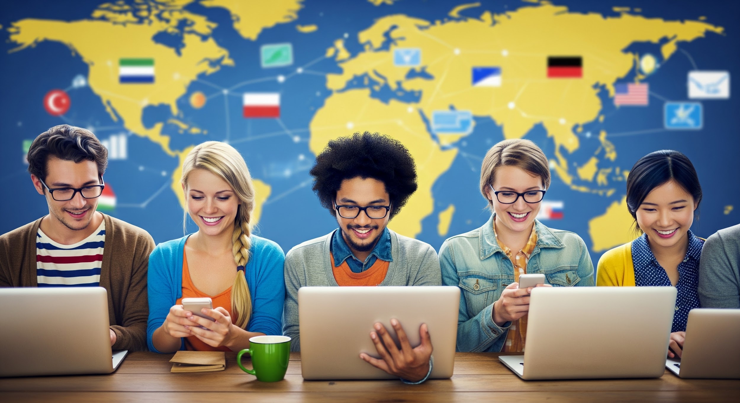 Five young adults sit at a table using laptops and smartphones, smiling. Behind them, a world map with country flags connected by lines suggests reaching global audiences through international collaboration.