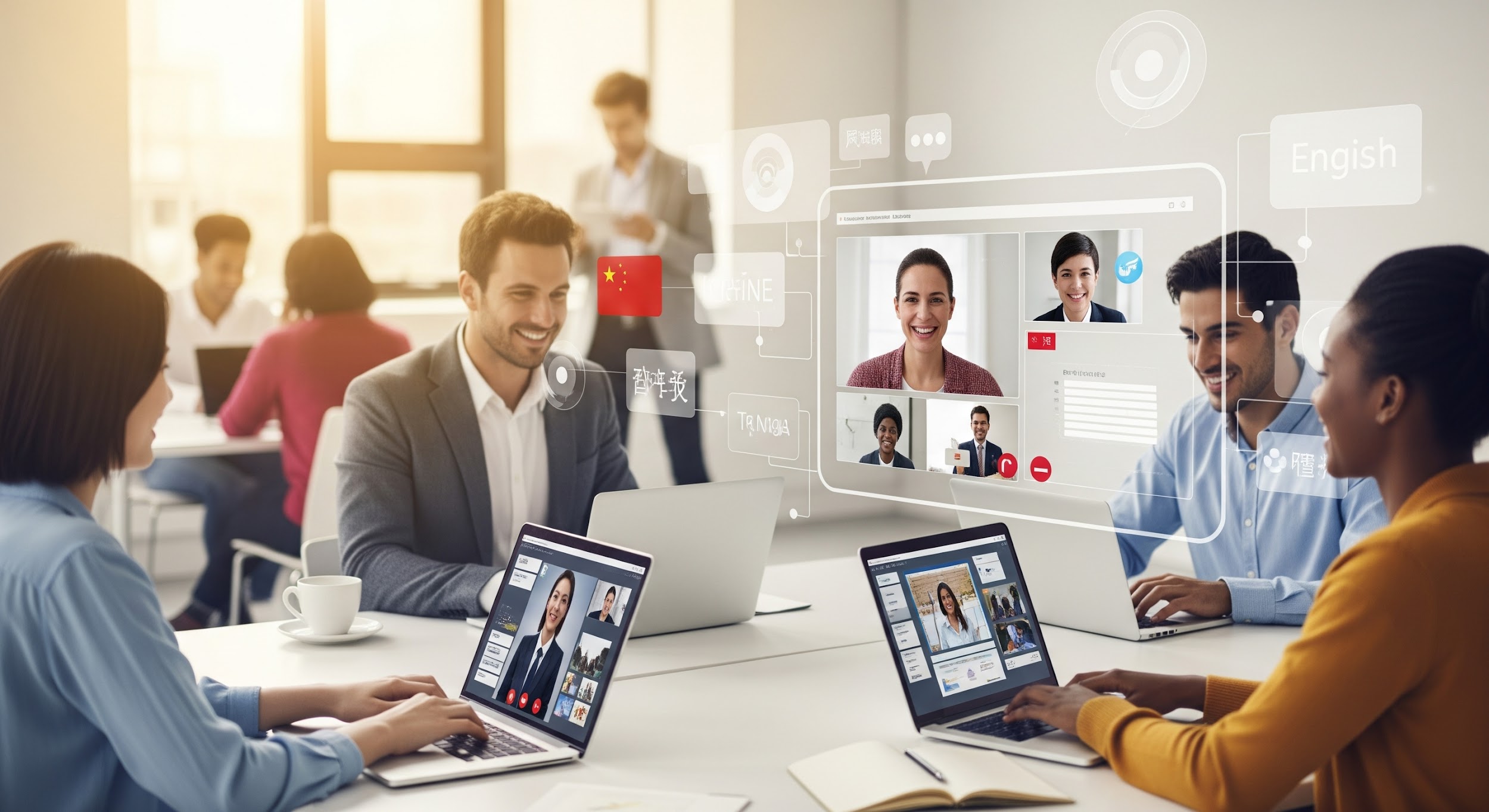 People sit at desks with laptops in a modern office, some video conferencing with colleagues on screens. Digital icons and language options like English and Chinese appear, suggesting a global, multilingual work environment.