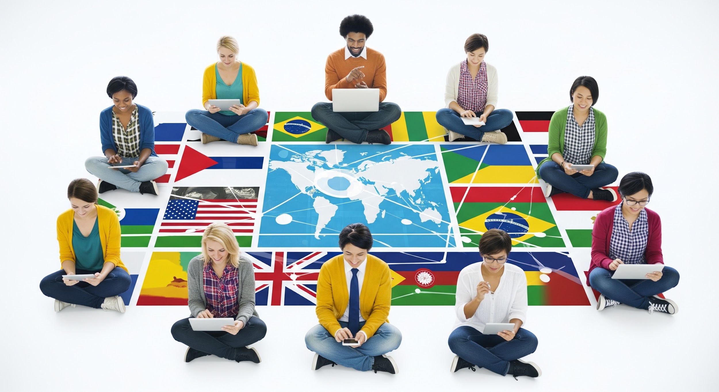 A diverse group of people sit in a circle using digital devices, surrounding a world map and various national flags on the floor, symbolizing global connectivity and multicultural collaboration.