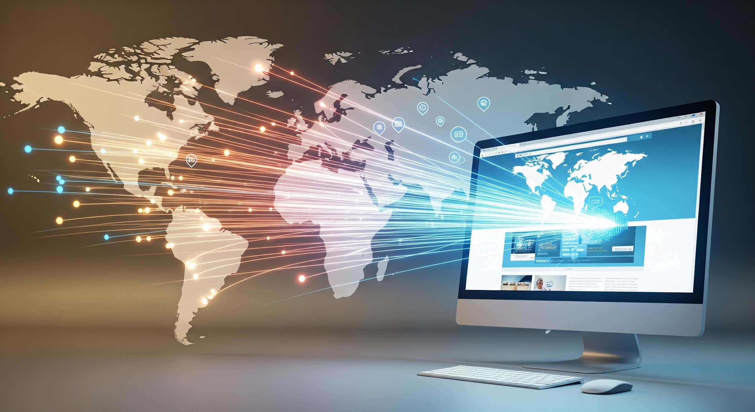 A desktop computer displays a website, while colorful light trails extend from its screen across a world map in the background, symbolizing global exposure and digital communication through increased website traffic.