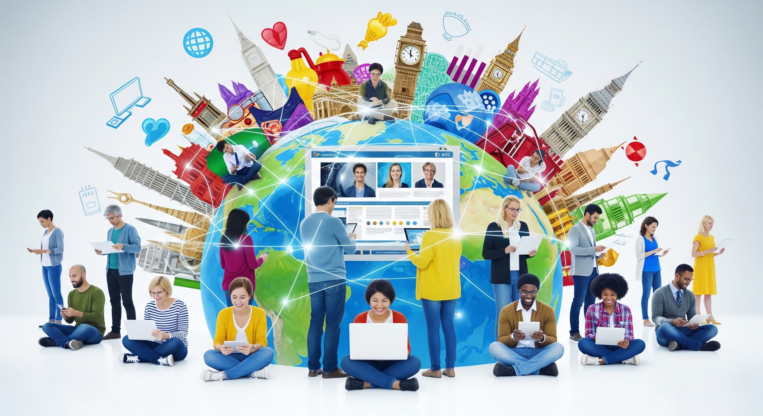 A diverse group of people using laptops and tablets is connected by digital lines, with famous global landmarks and colorful icons in the background, symbolizing worldwide online collaboration and communication.