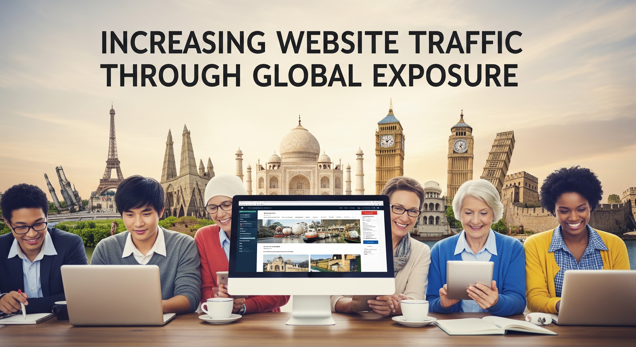 A diverse group of people using laptops and tablets sit in front of famous global landmarks, with text above reading Increasing Website Traffic Through Global Exposure. A computer monitor displays a travel website.