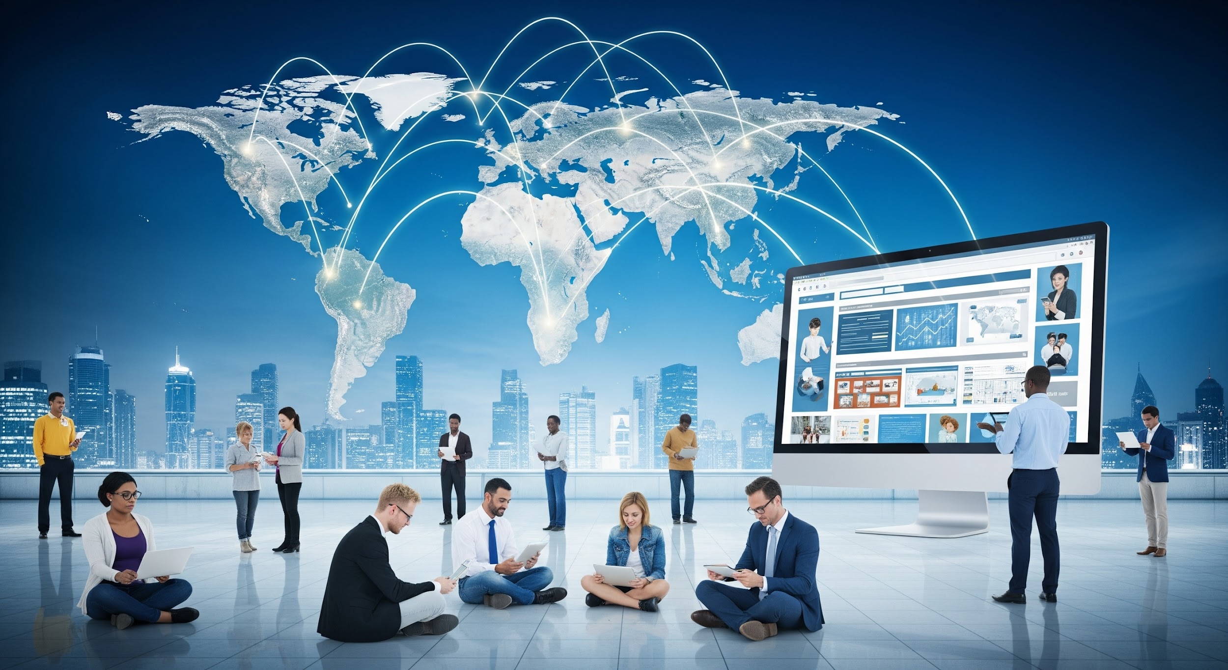 People using digital devices sit and stand on a rooftop with a city skyline, a large computer screen, and a world map showing global network connections in the background.