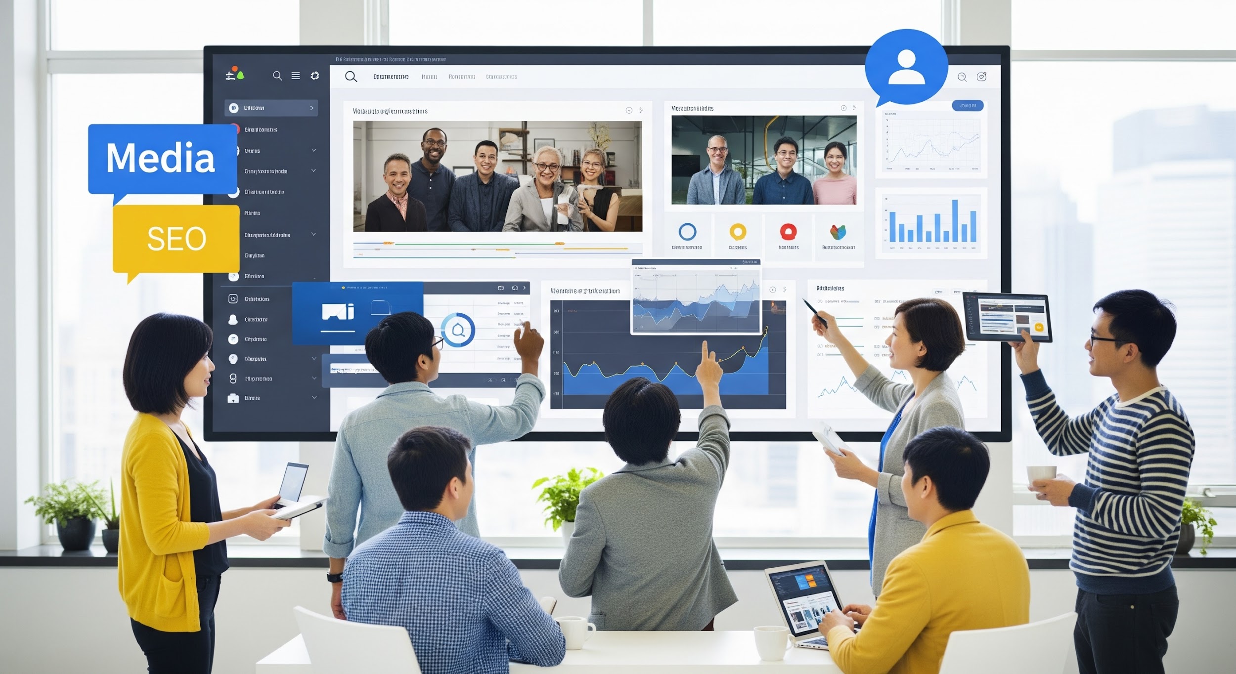 A diverse group collaborates in a modern office, using laptops and tablets while analyzing charts and graphs on a large screen. Floating icons read “Media” and “SEO,” highlighting their focus on content optimization in digital marketing.