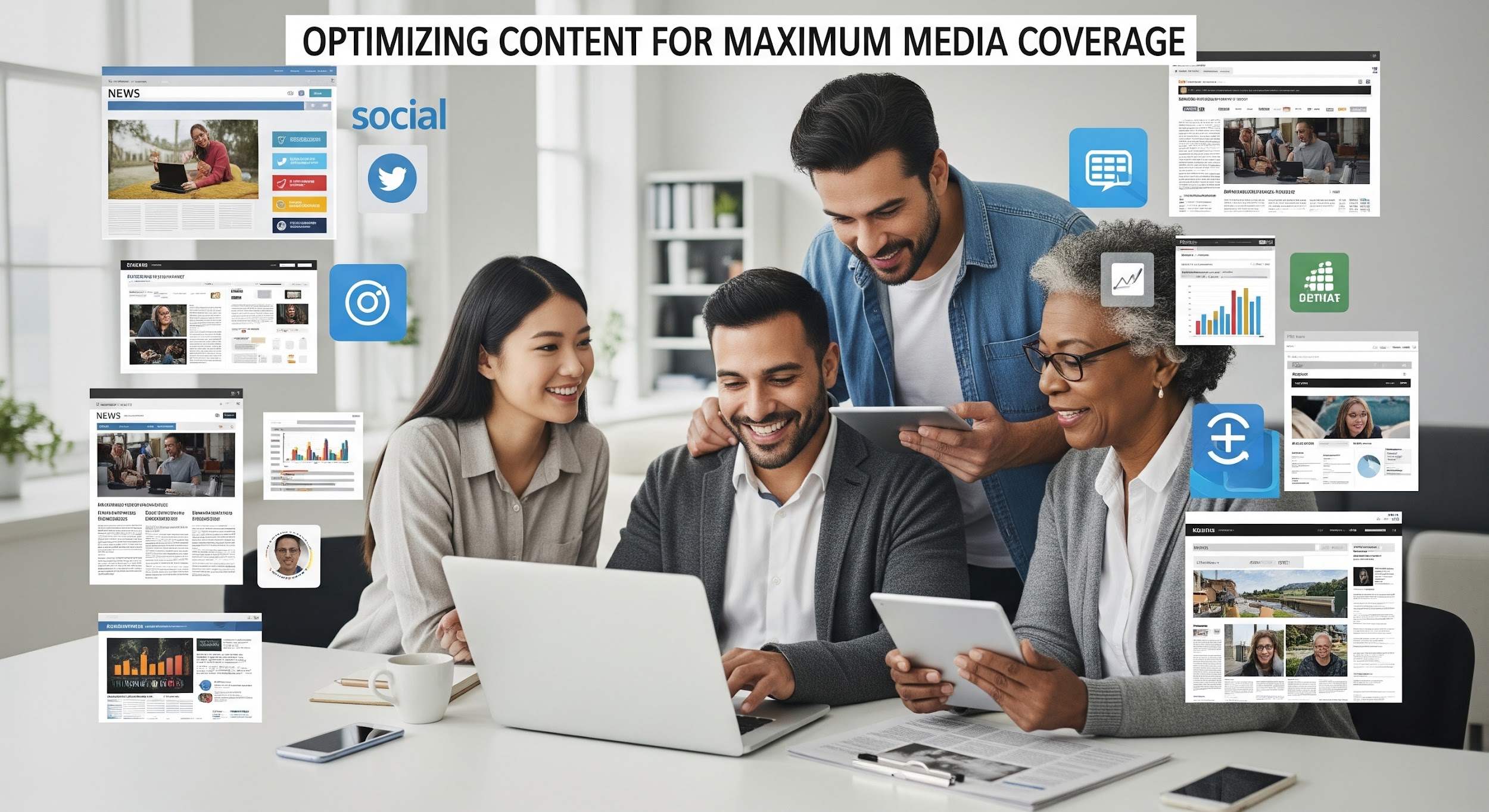 Four professionals collaborate at a table with laptops and tablets. Surrounding them are digital graphics of news websites, social media icons, and charts. A banner reads, Optimizing Content for Maximum Media Coverage.