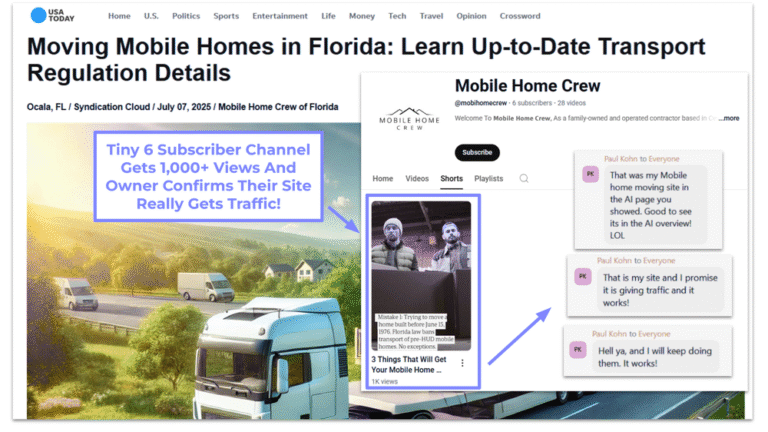 A news article about moving mobile homes in Florida features a highlighted section showing a YouTube channel with over 1,000 views and user comments praising the site’s helpful information, alongside an illustration of trucks on a road.