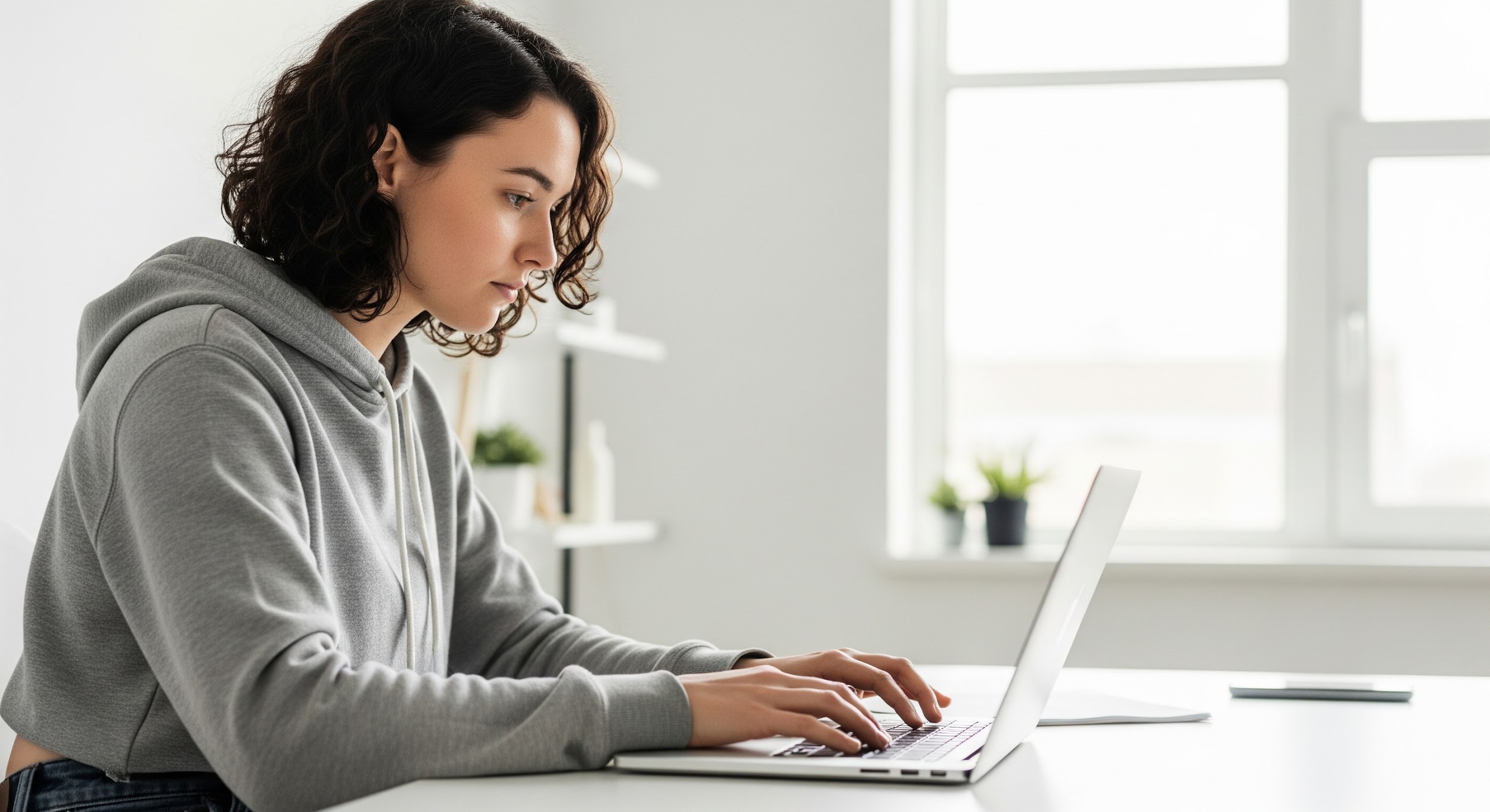 A young woman with curly hair, wearing a gray hoodie, sits at a white desk typing on a laptop in a bright room with large windows and small potted plants in the background.
