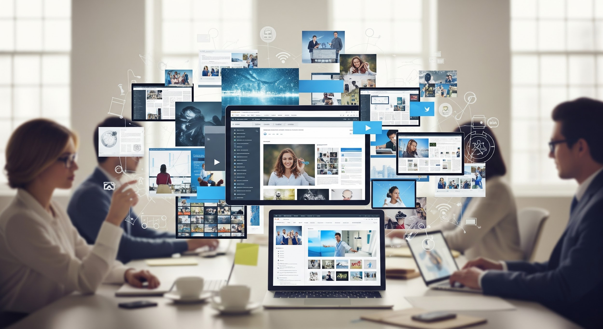 Four people work at a table with laptops, surrounded by floating digital images, videos, and icons, illustrating collaboration and multimedia content creation in a modern office setting.