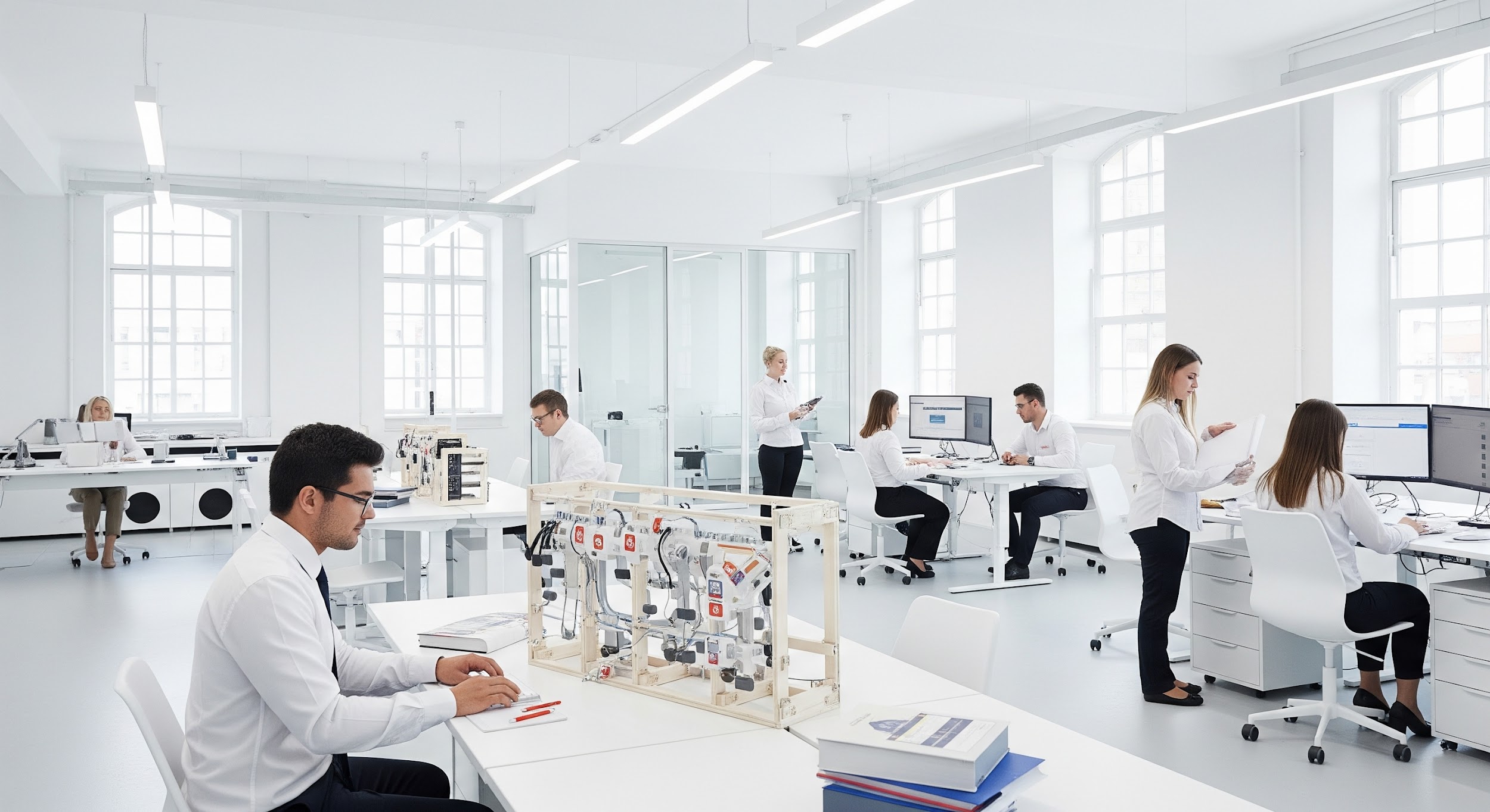 A modern, bright laboratory office with people in white lab coats working at desks with computers and scientific equipment; large windows let in natural light.
