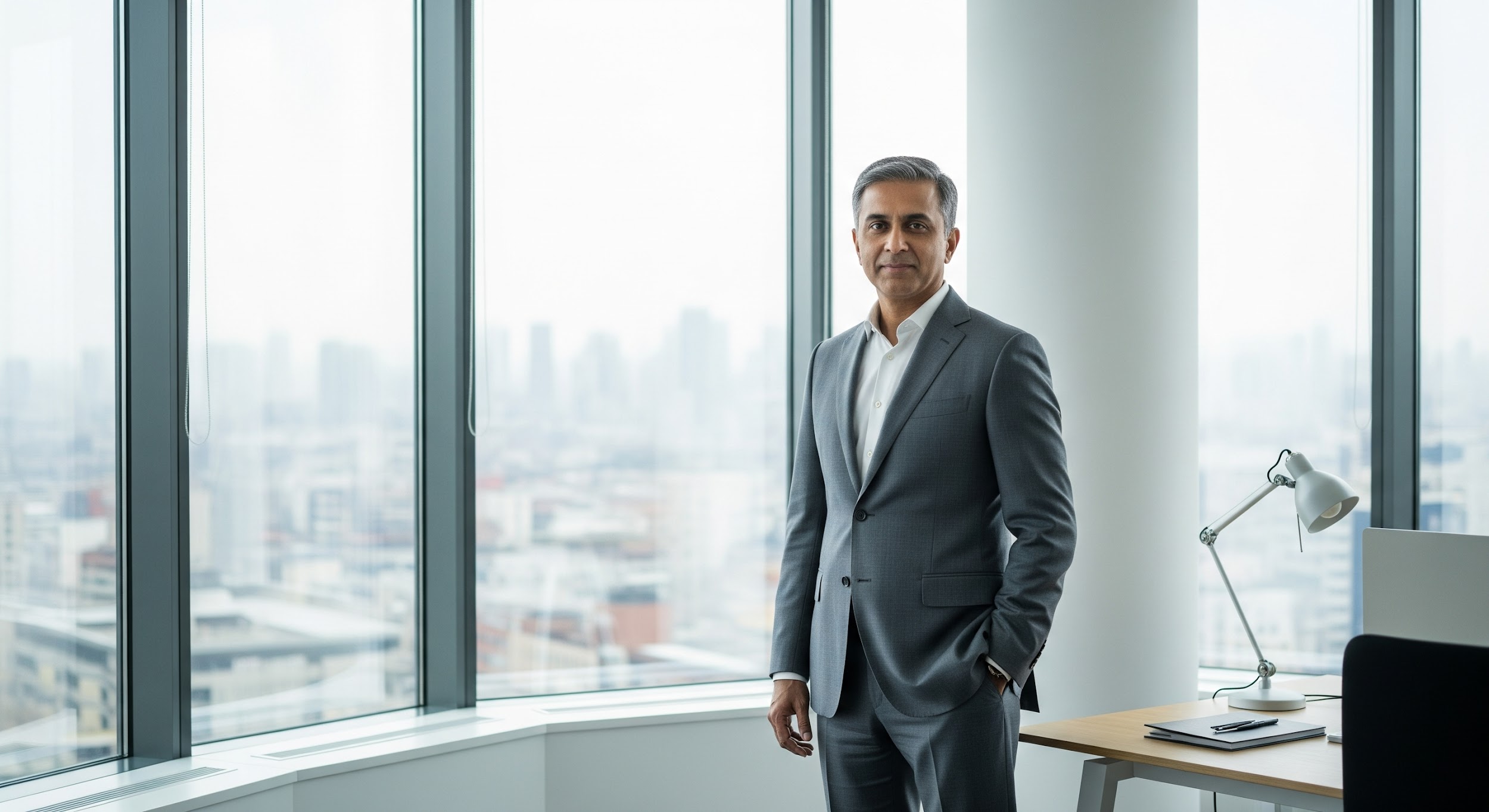 A man in a gray suit stands confidently in a modern office with large windows overlooking a cityscape. A desk with a lamp and papers is nearby.