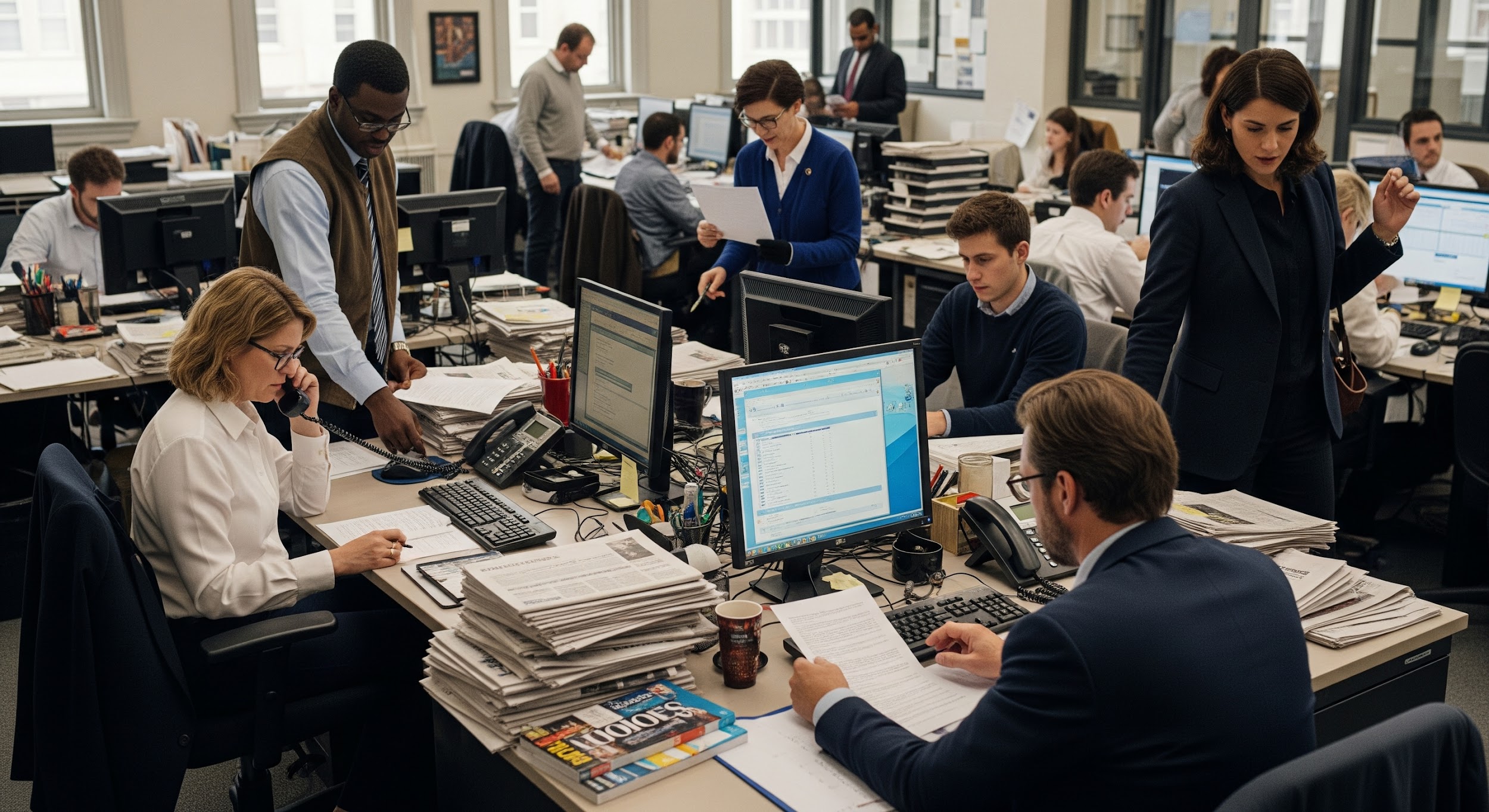Busy open-plan office with several people working at desks with computers, papers, and phones. Some are talking, others read documents, and one woman stands, coordinating with colleagues. The atmosphere appears professional and focused.