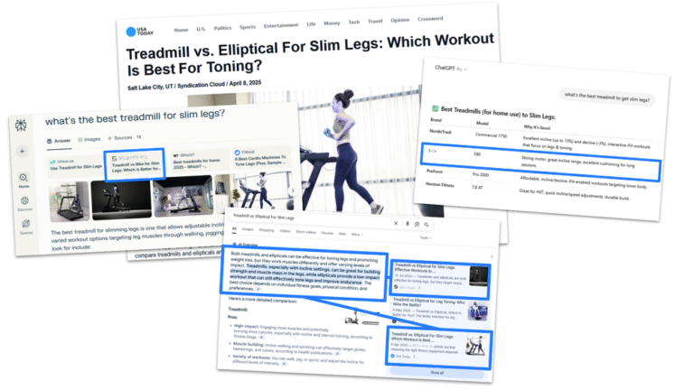 A collage of screenshots shows search results, an article titled Treadmill vs. Elliptical For Slim Legs, a ChatGPT conversation, and highlighted text sections about workouts for slimming legs.