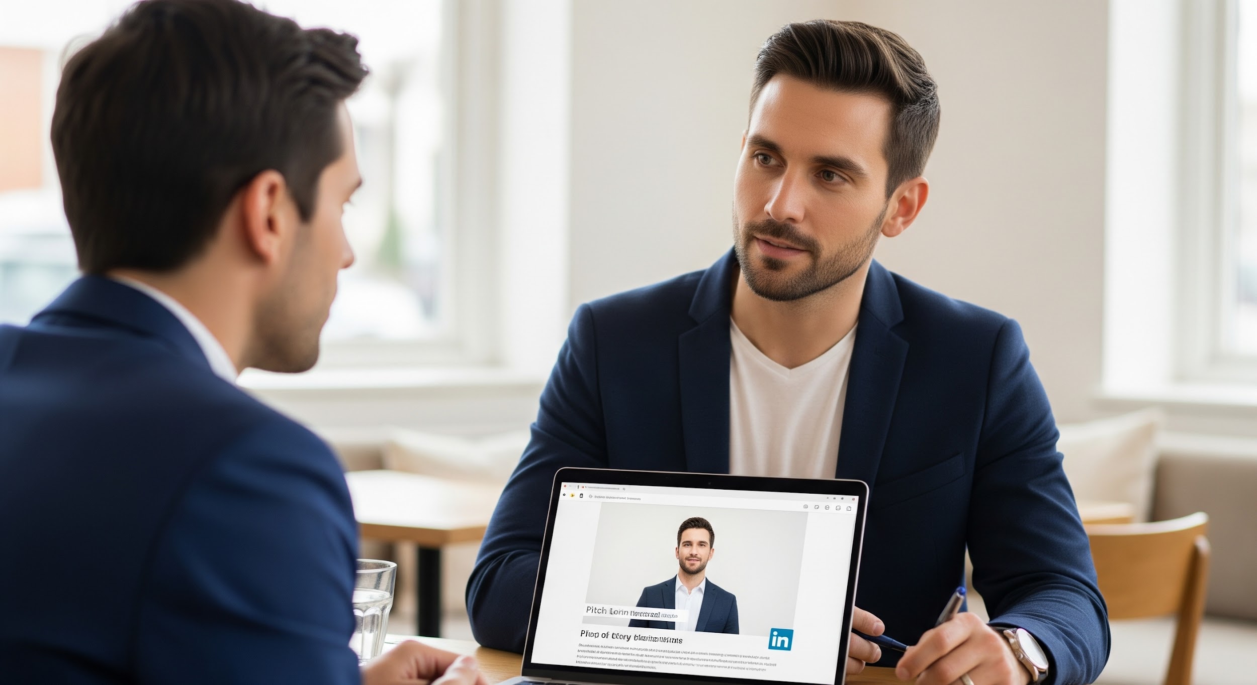 Two men in business attire sit across from each other at a table. One shows a laptop screen displaying a LinkedIn profile with a professional headshot and details. They appear to be engaged in a job interview.