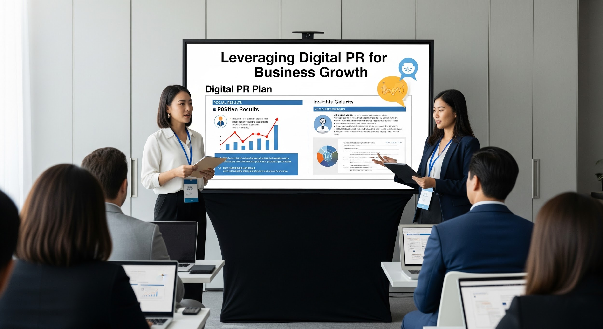 Two women present a Digital PR plan with charts and infographics on a screen to professionals in a conference room. The presentation, titled Leveraging Digital PR for Business Growth, highlights strategies to boost organizational success.