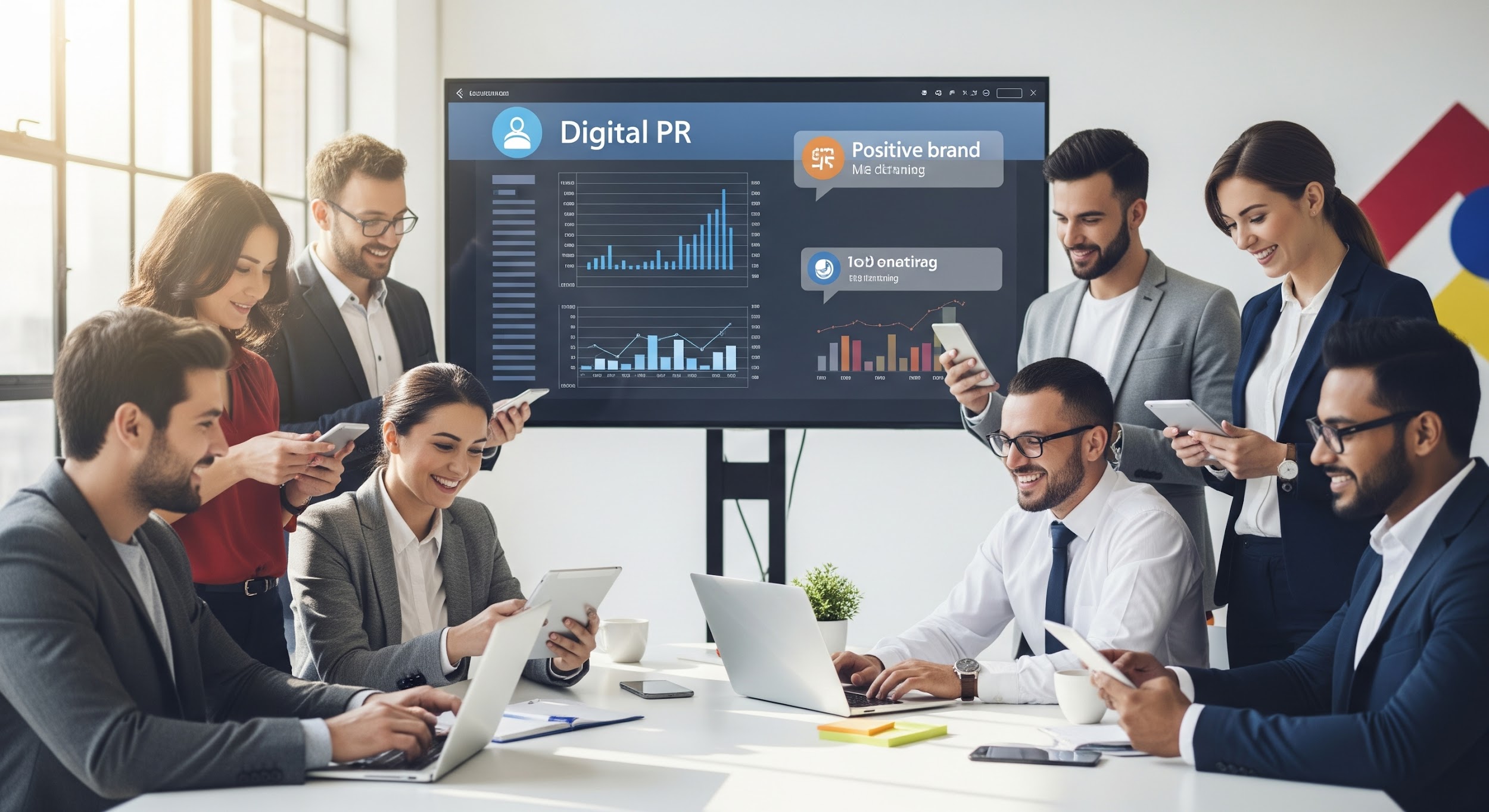 A group of professionals collaborate in a modern office, using laptops and smartphones. Behind them, a large screen displays digital PR analytics charts and positive brand metrics.