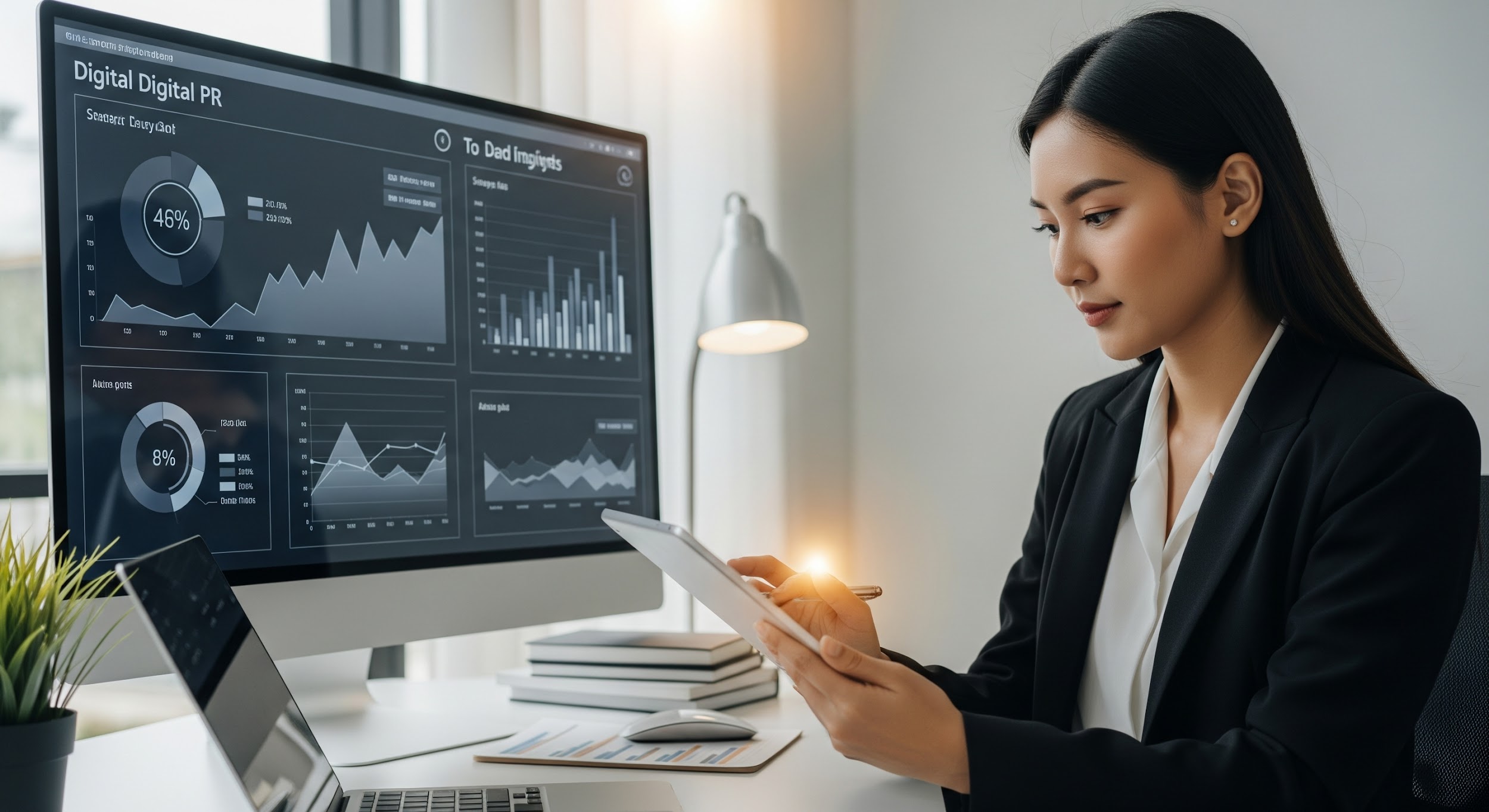 A businesswoman in a suit analyzes data on a tablet at her desk, with large computer screens displaying digital PR charts and graphs in the background.
