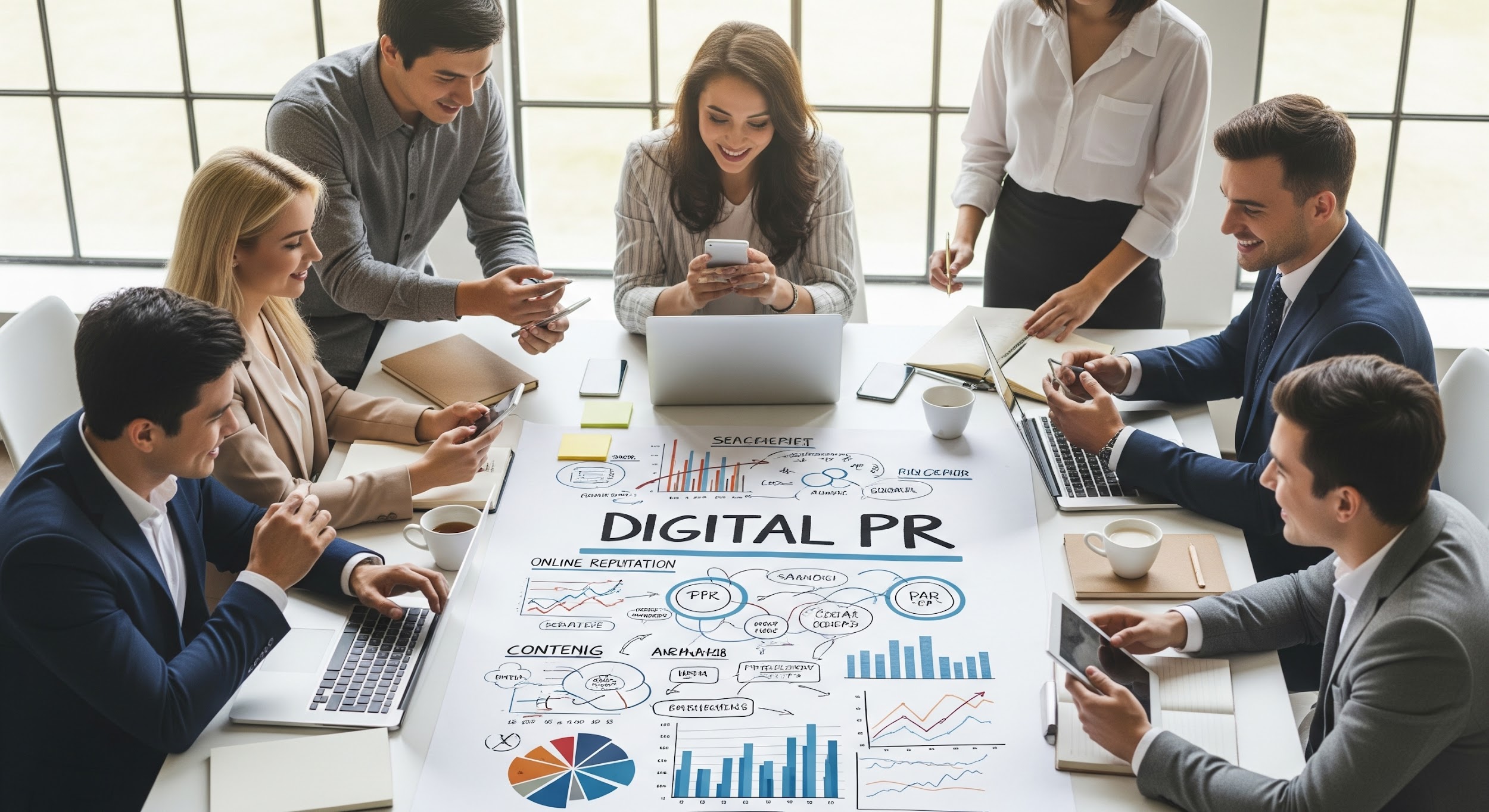 A group of professionals sits around a table with laptops, smartphones, and notebooks, discussing a large paper labeled DIGITAL PR covered in charts and diagrams, in a bright modern office.