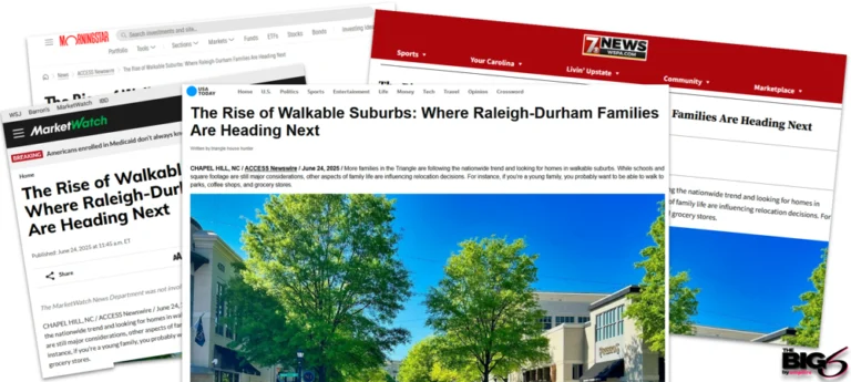 A collage of news website screenshots featuring the headline: The Rise of Walkable Suburbs: Where Raleigh-Durham Families Are Heading Next, with an image of a sunny street lined with trees and shops.