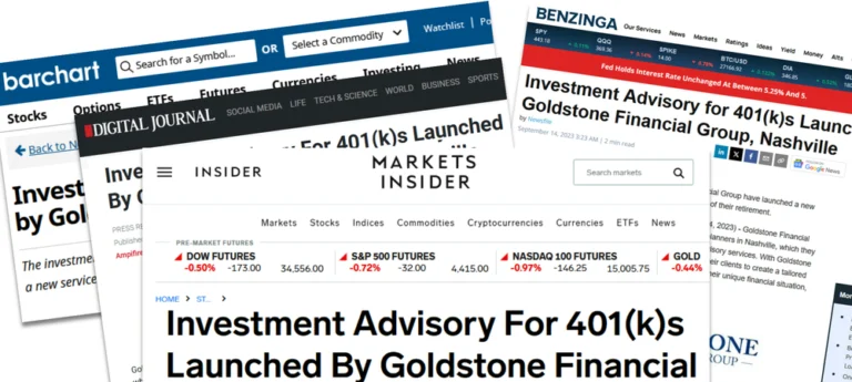 A collage of online news headlines from various finance websites announcing the launch of an investment advisory for 401(k)s by Goldstone Financial Group.
