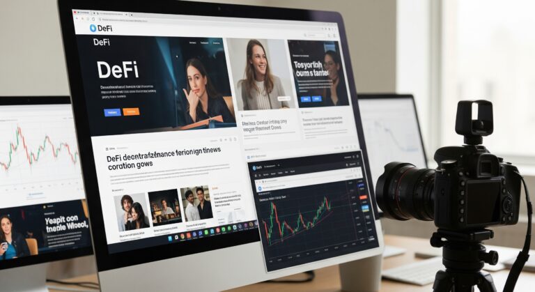 A desktop computer displays various decentralized finance news websites and charts, with a DSLR camera on a tripod facing the screen. Additional monitors with DeFi graphs and data are visible in the background.