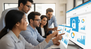 A group of professionals in an office analyzes data charts from high-traffic websites on multiple monitors, with a large padlock icon displayed on the main screen, indicating a focus on cybersecurity or data protection.