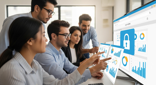 A group of professionals in an office analyzes data charts from high-traffic websites on multiple monitors, with a large padlock icon displayed on the main screen, indicating a focus on cybersecurity or data protection.