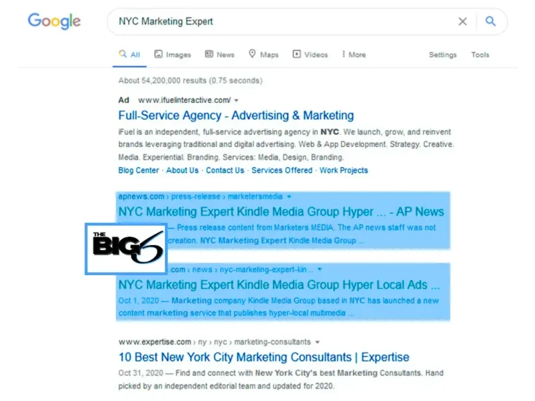Screenshot of a Google search for NYC Marketing Expert, showing search results. The first result is an ad; the next two results, highlighted in blue, mention NYC Marketing Expert Kindle Media Group.