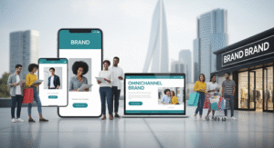 A diverse group of people interact with digital devices displaying a brand’s website, while others shop at a storefront labeled Brand Brand—mastering omnichannel commerce against a city skyline with tall buildings.