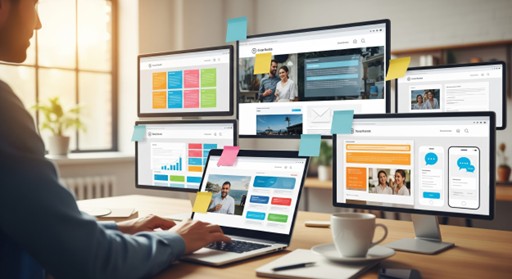 A person works at a desk with multiple computer monitors displaying colorful charts, graphs, and omnichannel marketing dashboards in a bright, modern office with large windows.
