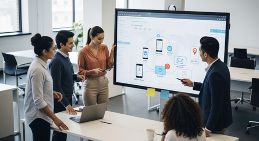 Five colleagues in a modern office gather around a large screen displaying a digital workflow diagram with icons. Two people are standing and presenting, while others listen and take notes.