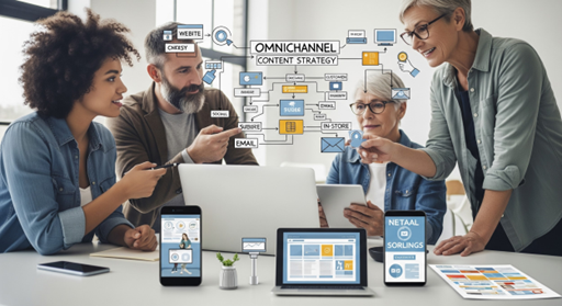 Four people collaborate at a desk with laptops and tablets, discussing an omnichannel content strategy shown on a screen with various icons. Different digital devices display related content and graphics.