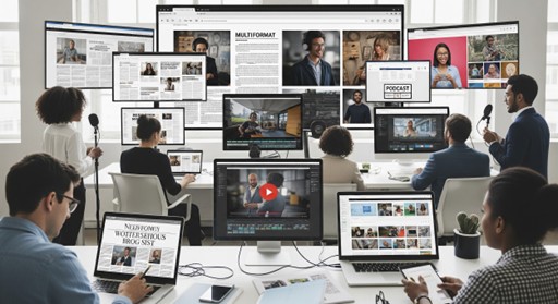 A diverse group of people work at computers and microphones in a modern office, surrounded by large screens displaying news articles, videos, and podcasts.