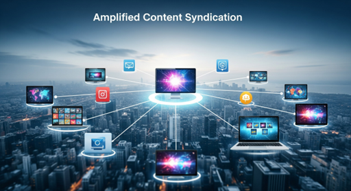 A cityscape background with digital devices and app icons connected to a central computer screen, illustrating the power of amplified content and strategic content syndication in modern content marketing.